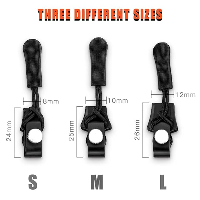 Portable Universal Detachable Zipper Slider for Bags, Coats, Clothes, Shoes & Boots with 3 Different Size (Small, Medium, Large) (Black)