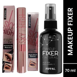 Pippal Beauty Makeup Fixer Natural Dewy Finish with Vitamin E And Aloe Vera Long-Lasting Hydrating & Refreshing Setting Spray 80ml (Pack of 1) with Sky High Supar Black Eyeliner And Mascara