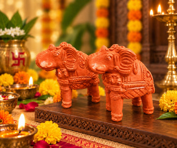 Royal Luxury Terracotta Elephant Pair Showpiece | Traditional Handmade Indian Elephant Statue | Premium Home Décor