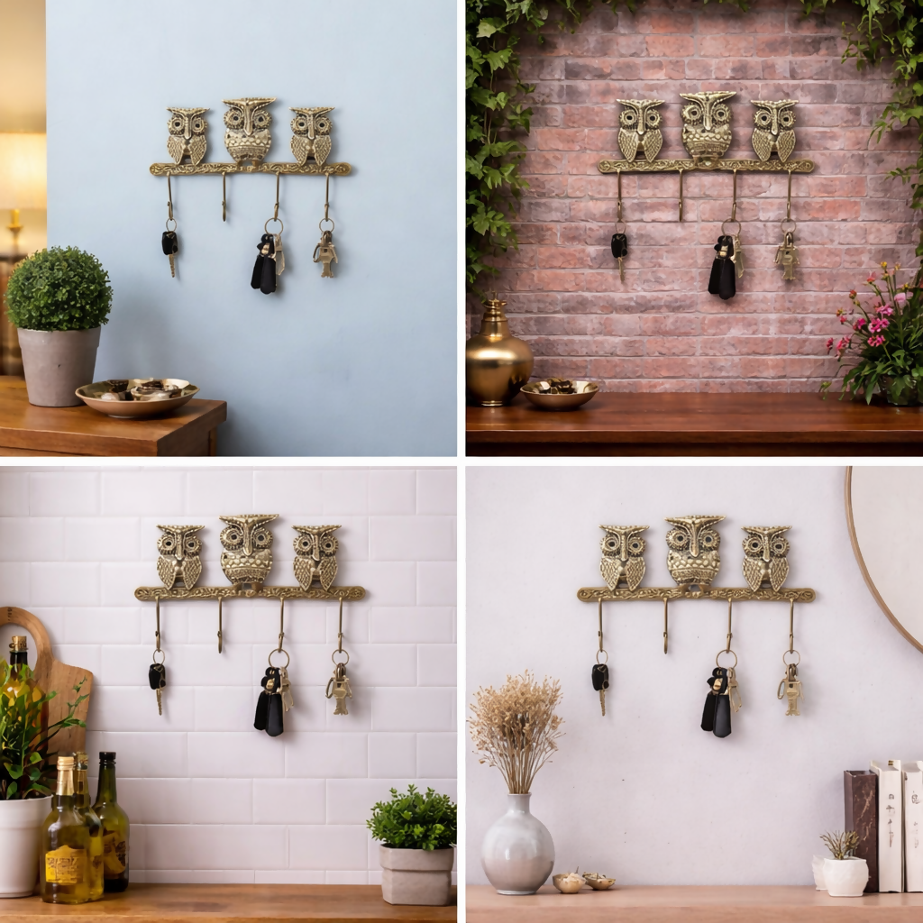 Handcrafted Owl Wall Key Holder with Hooks | Antique Metal Key Hanger | Decorative Wall Organizer for Home Entrance