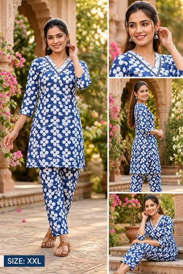 Blue White Floral Printed Kurta Pant Set for Women – XXL