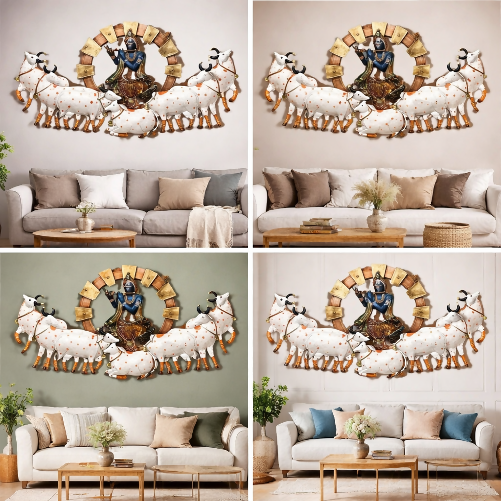 Lord Krishna with Cows Wall Decor | Premium Metal Krishna Wall Art for Living Room, Home & Pooja Room