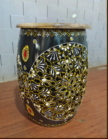 Handcrafted Black & Gold Floral Metal Stool | Luxury Decorative Side Table | Premium Cutwork Seating Stool for Home Decor