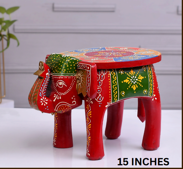 Handcrafted Wooden Elephant Stool (15 Inches) | Large Rajasthani Hand-Painted Stool | Premium Ethnic Home Decor & Seating