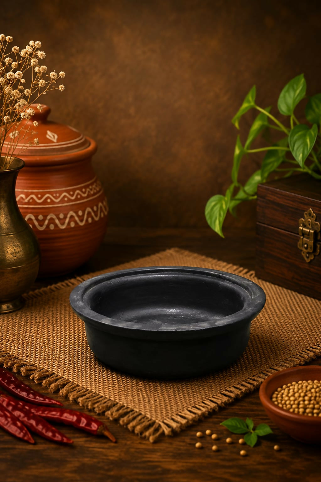 Chettinadu kulambu chatti 1 litre Black Terracotta Chettinadu Kulambu Chatti | Traditional Clay Cooking Pot | Handmade Earthenware | Natural & Toxin Free | Authentic South Indian Cookware