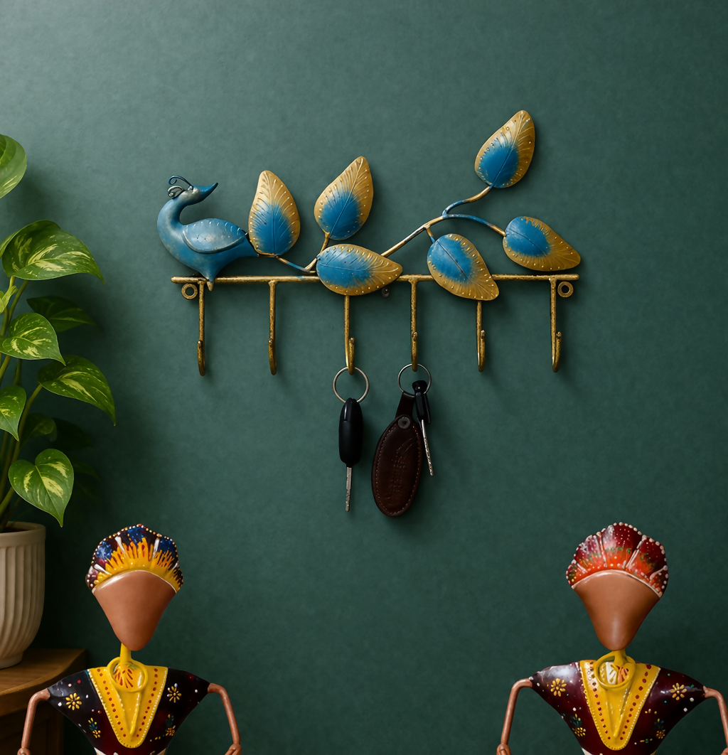 Designer Peacock Key Holder Wall Hanging | Decorative Metal Key Stand for Home