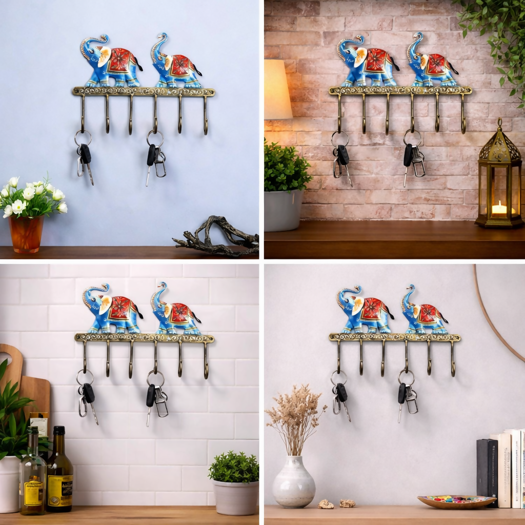 Elephant Wall Key Holder | Double Elephant Key Hanger with Hooks | Decorative Metal Key Stand for Home Entrance & Wall Decor