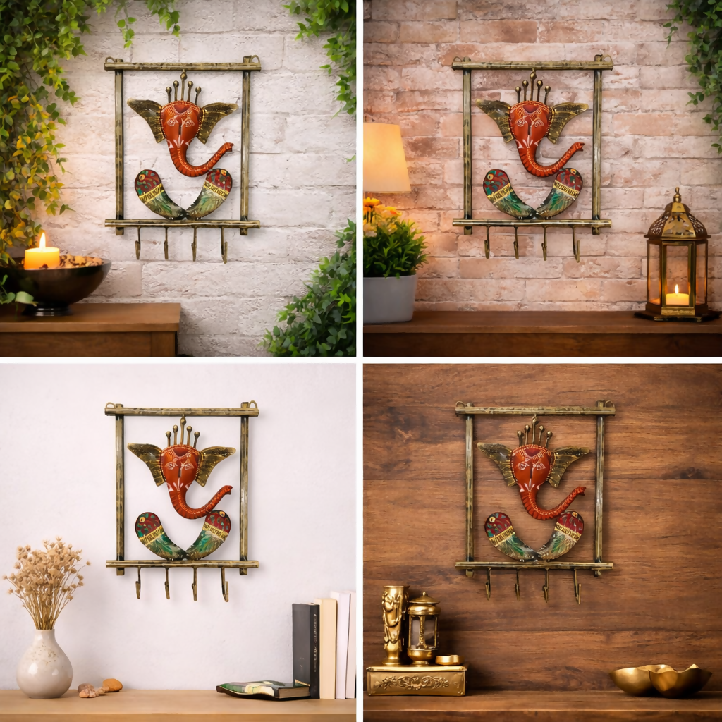 Handcrafted Ganesha Wall Decor with Key Holder Hooks | Metal Wall Hanging Key Stand for Home Entrance & Living Room