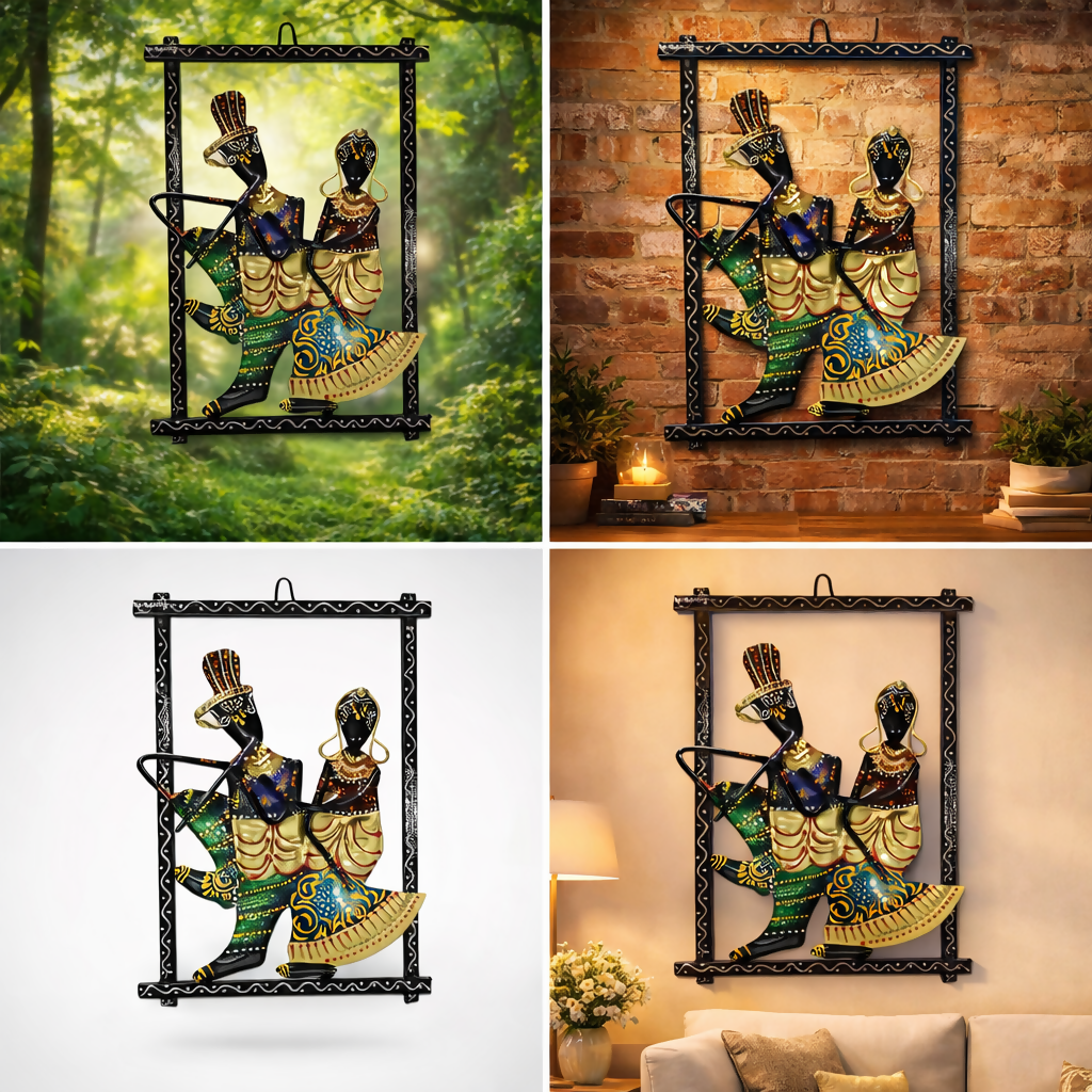 Traditional Rajasthani Couple Wall Decor | Handcrafted Metal Dancing Couple Wall Hanging for Home Decoration