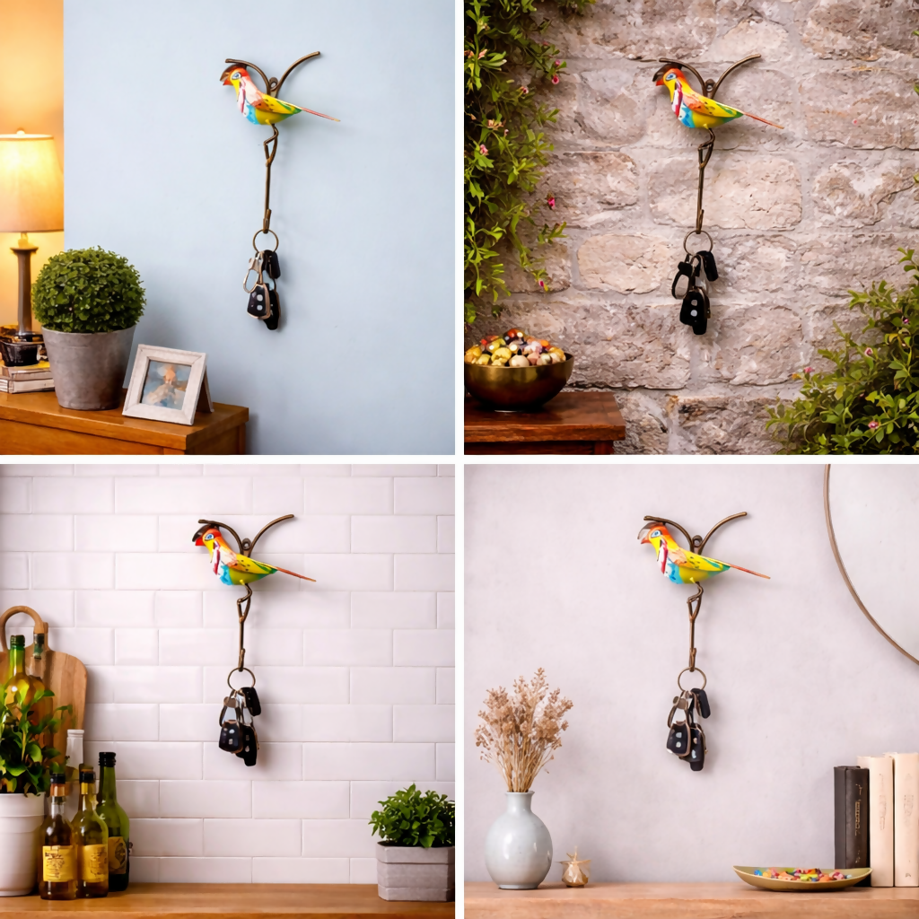 Handcrafted Bird Wall Key Holder with Hook | Decorative Wall Key Hanger for Home Entrance & Minimal Wall Decor