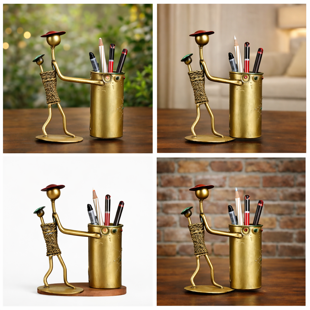 Creative Metal Pen Stand with Figurine | Decorative Desk Organizer for Office & Home Use
