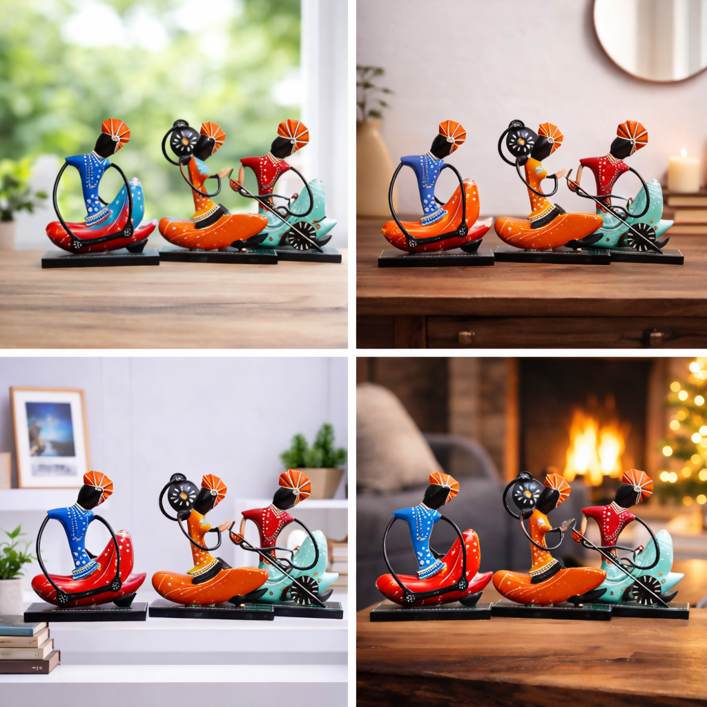 Handcrafted Metal Tribal Musician Bicycle Showpiece | Colorful Ethnic Home Decor Figurines | Unique Gift Item