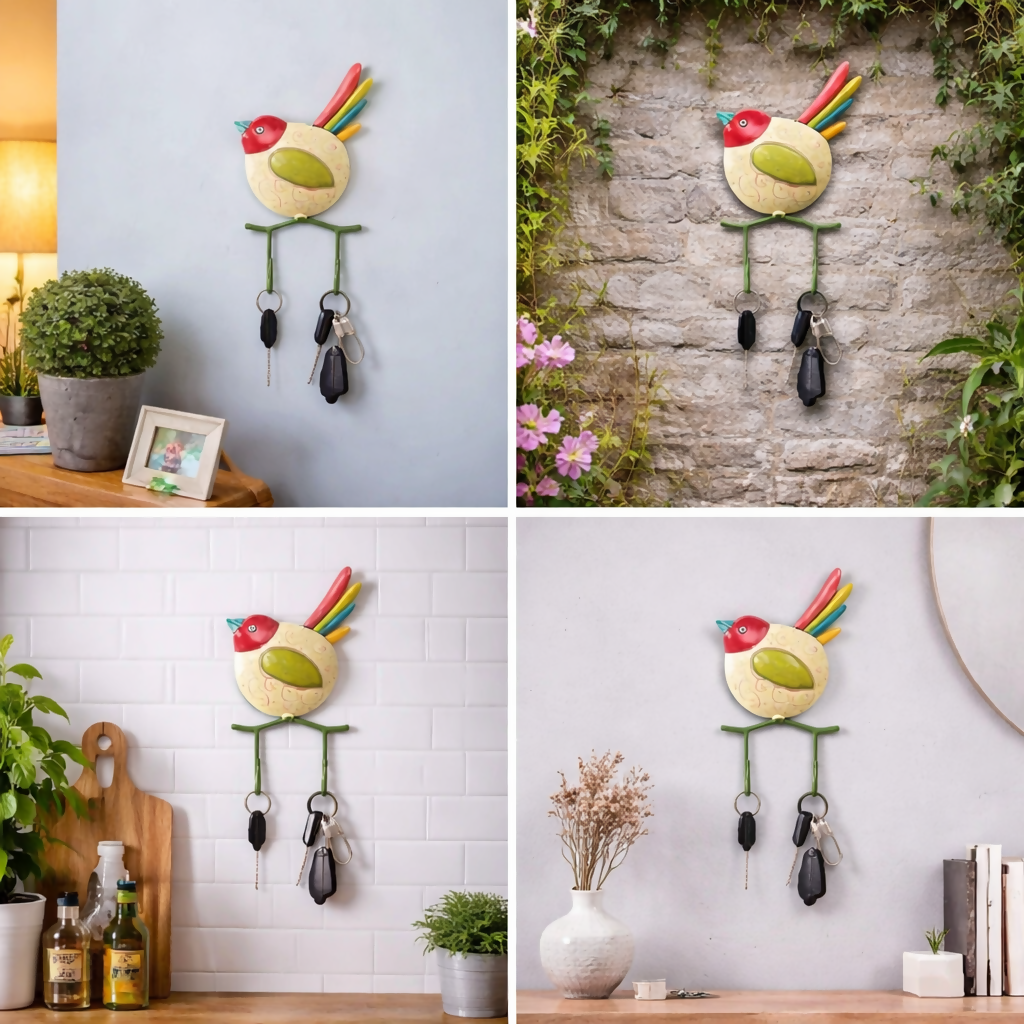 Handcrafted Bird Wall Key Holder with Hooks | Decorative Key Hanger for Home Entrance & Wall Decor