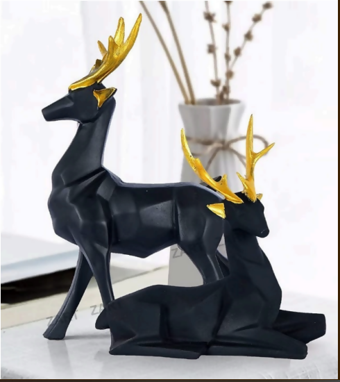 Luxury Black Deer Decor Set | Matte Finish Gold Antler Figurines | Premium Modern Home Showpiece