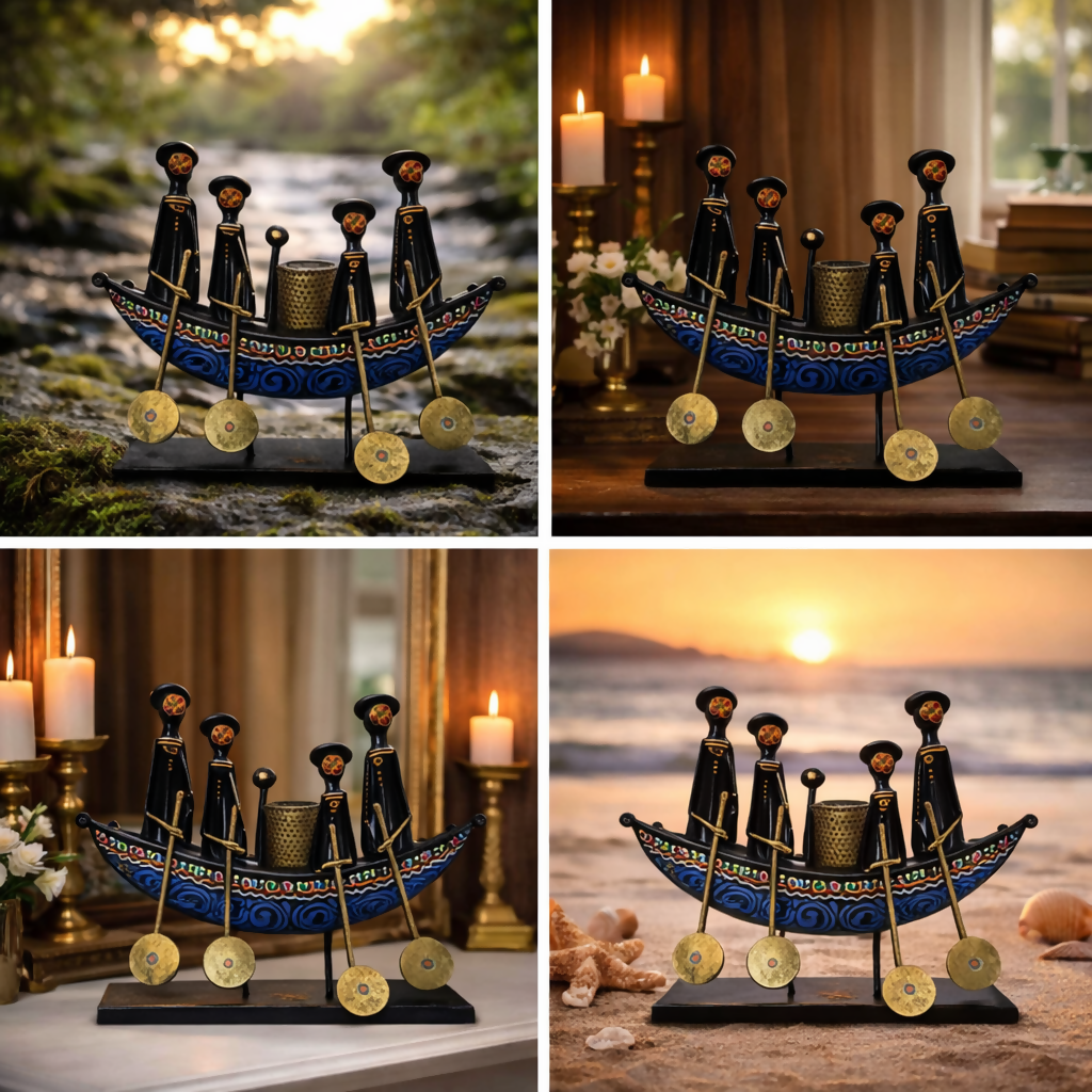 Ethnic Tribal Boat Design Pen Stand with Figurines – Handcrafted Desk Organizer | Unique Home & Office Decor Gift