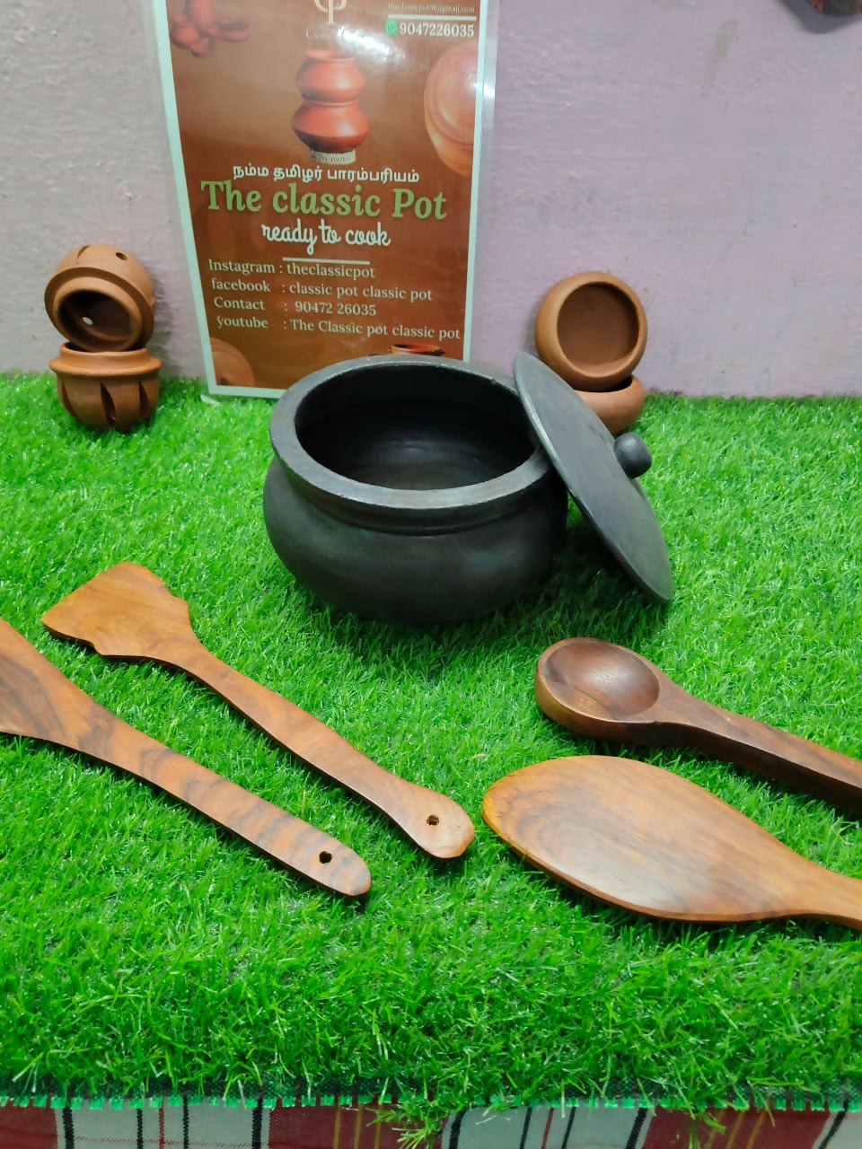 Traditional Black Clay Cooking Pot with Lid | Handmade Earthen Pot for Healthy Cooking | Natural Mud Pot Kitchen Cookware Set
