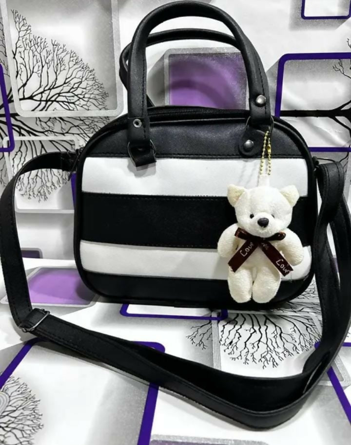 Stylish Black & White Handbag for Women | Premium Quality Shoulder & Crossbody Bag with Cute Teddy Charm | Trendy Fashion Accessories