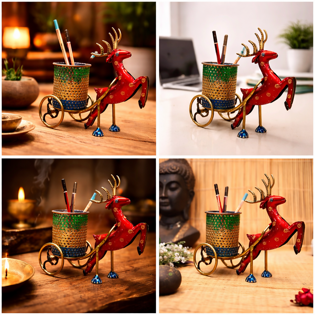 Decorative Reindeer Cart Pen Stand – Handcrafted Metal Desk Organizer | Unique Home & Office Decor Gift