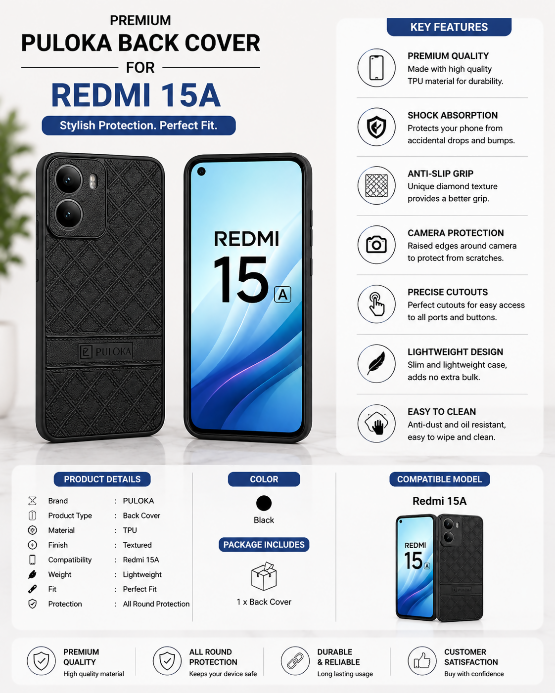 Premium Silicone Back Cover Compatible with Redmi 15A | Shockproof Scratch Resistant Stylish Protective Mobile Case with Camera Protection & Slim Fit Design