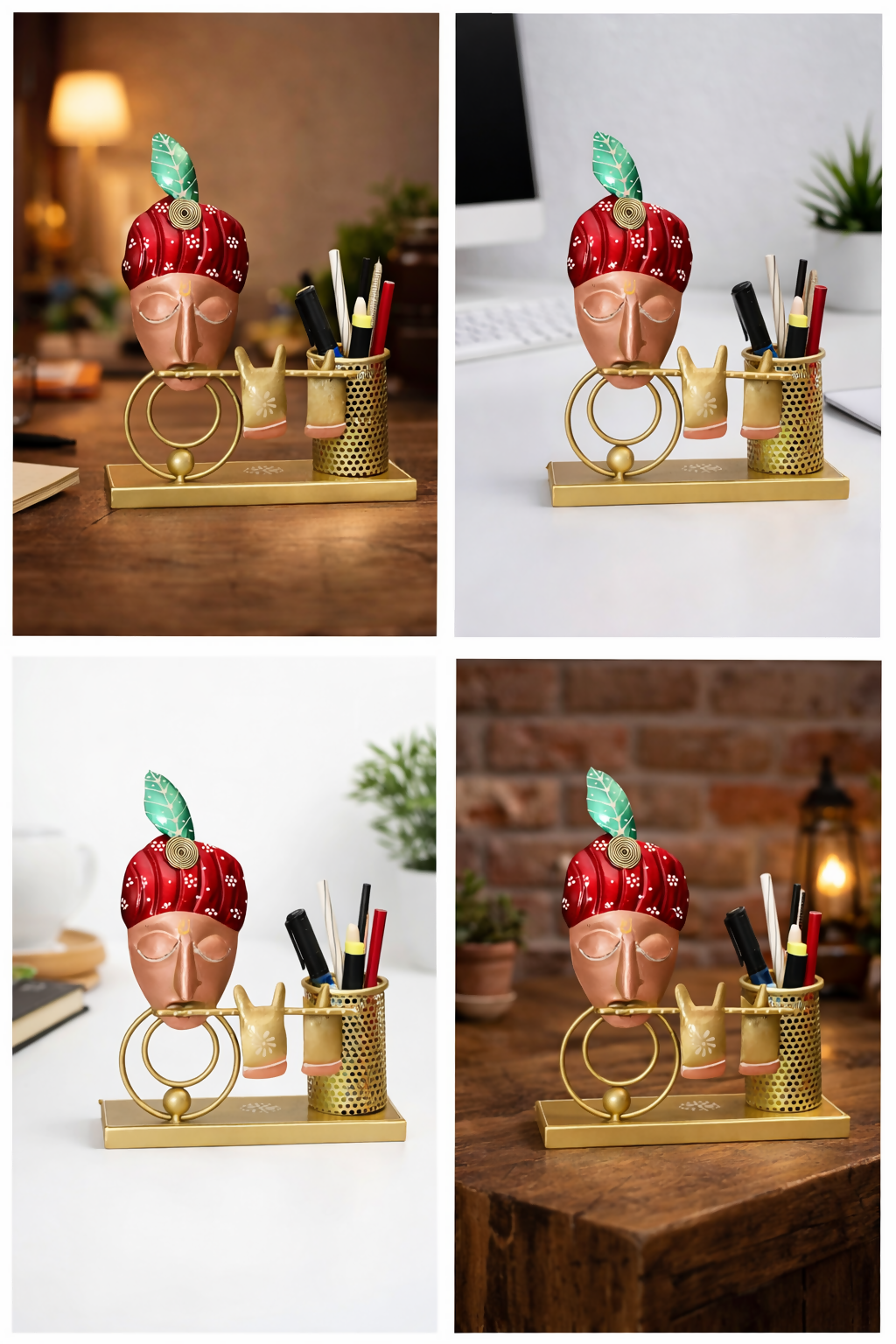 Handcrafted Rajasthani Face Pen Holder โ Artistic Desk Organizer with Metal Stand for Office & Home