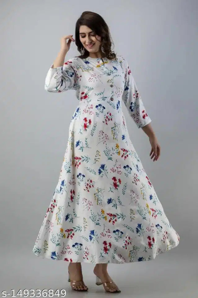 Anarkali Rayon Printed Kurti for Women (White & Blue, M)Anarkali Rayon Printed Kurti for Women (White & Blue, M) – Elegant Flared Ethnic Dress for Casual, Festive & Party Wear