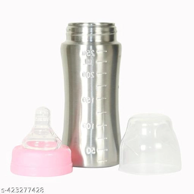 Stainless Steel Milk Bottle for Baby (Silver & Pink, 250 ml)Stainless Steel Milk Bottle For Baby (Silver & Pink, 250 Ml) | Leak Proof Durable Feeding Bottle