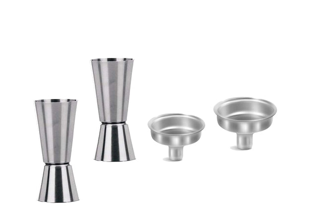 Peg Measuring Cup 30 & 60 ml (2 Pcs) with 2 Pcs Funnel Bar Accessories (Silver, Set of 2)Stainless Steel Peg Measuring Cup Set 30 & 60 ml with Funnels (Set of 2) | Double Jigger Bar Measure for Cocktail & Kitchen Use