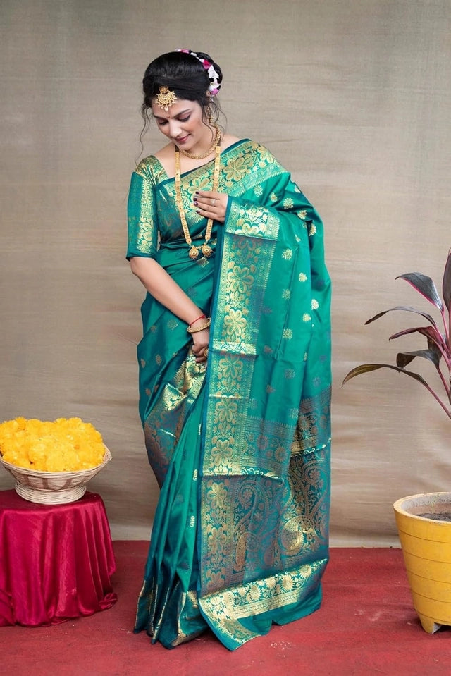 Teal Banarasi Silk Woven Design Saree with Blouse Piece (6.3 m) Wedding & Festive Wear