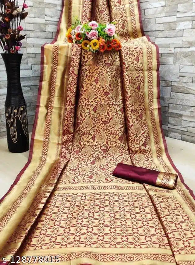Women's Golden & Dark Red Banarasi Jacquard Art Silk Saree with Blouse Piece - Traditional Wedding Kanjivaram Style Zari Woven Sari, Bridal & Festive Party Wear (6.3 Mtrs)