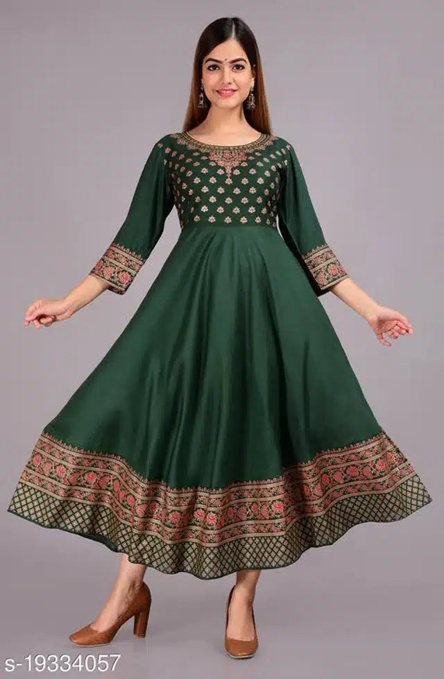 Rayon Printed Anarkali Kurti for Women (Green, S)Rayon Printed Anarkali Kurti for Women (Green, S) – Elegant Flared Ethnic Dress for Casual, Festive & Party Wear