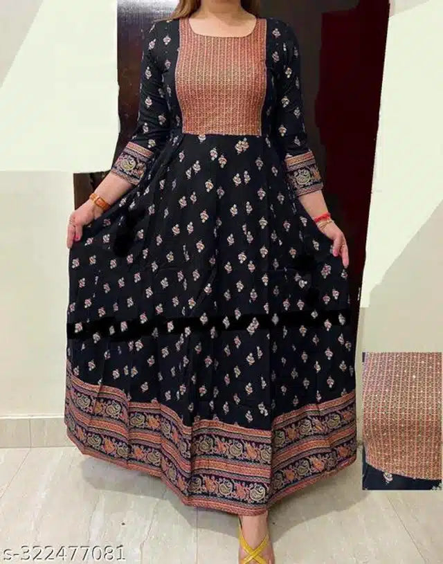 Anarkali Rayon Printed Kurti for Women (Black & Peach, S)Anarkali Rayon Printed Kurti for Women (Black & Peach, S) – Elegant Flared Ethnic Dress for Casual, Festive & Party Wear