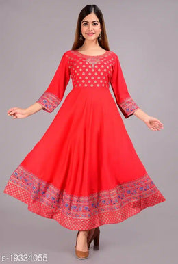 Rayon Printed Anarkali Kurti for Women (Red, S)Rayon Printed Anarkali Kurti for Women (Red, S) – Elegant Flared Ethnic Dress for Casual, Festive & Party Wear
