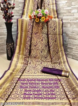 Women's Golden & Dark Red Banarasi Jacquard Art Silk Saree with Blouse Piece - Traditional Wedding Kanjivaram Style Zari Woven Sari, Bridal & Festive Party Wear (6.3 Mtrs)