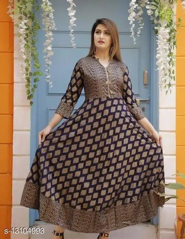 Rayon Printed Anarkali Kurti for Women (Navy Blue, S)Rayon Printed Anarkali Kurti for Women (Navy Blue, S) – Elegant Flared Ethnic Dress for Casual, Festive & Party Wear