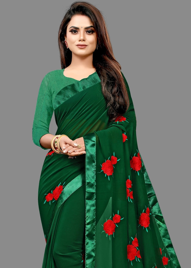 Bottle Green Georgette Embroidered Saree with Blouse Piece (6.3 m) Elegant Party Wear