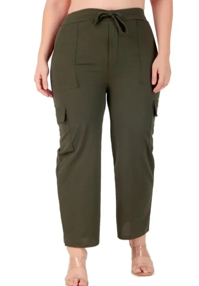 Women's Olive Green Cotton Blend Straight Fit Trousers - High Waist Formal Office Pants, Casual Cigarette Pant with Pockets, Comfortable Stretchable Fabric