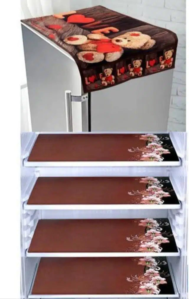 Knit Printed Fridge 4 Pcs Mat with Top Cover (Brown, Set of 1)Knit Printed Fridge Mat Set (4 Pcs) with Top Cover – Brown | Dustproof Refrigerator Shelf Liners & Top Protection | Kitchen Organizer
