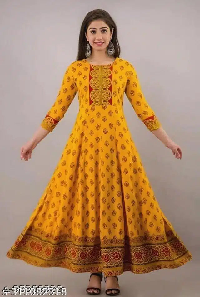 Anarkali Rayon Printed Kurti for Women (Orange, S)Anarkali Rayon Printed Kurti for Women (Orange, S) – Elegant Flared Ethnic Dress for Casual, Festive & Party Wear