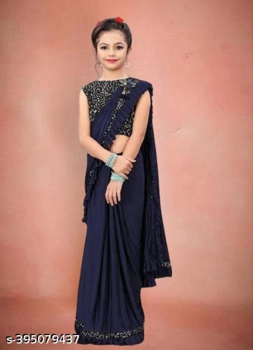 Lycra Solid Saree for Girls (Navy Blue, 3-4 Years).Stylish and comfortable lycra solid saree for girls aged 3–4 years. Soft, stretchable, and perfect for festivals, parties, and special occasions.