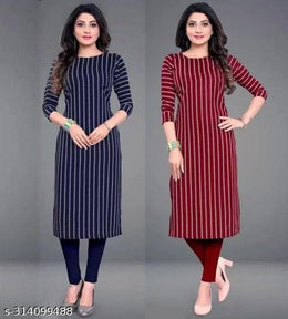 Crepe Striped Kurti for Women (Blue & Red, S) (Pack of 2)Crepe Striped Kurti Combo for Women (Blue & Red, S) – Pack of 2 Stylish Casual & Daily Wear Kurtis