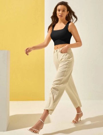 Cotton Blend Solid Top for Women (Black, S)