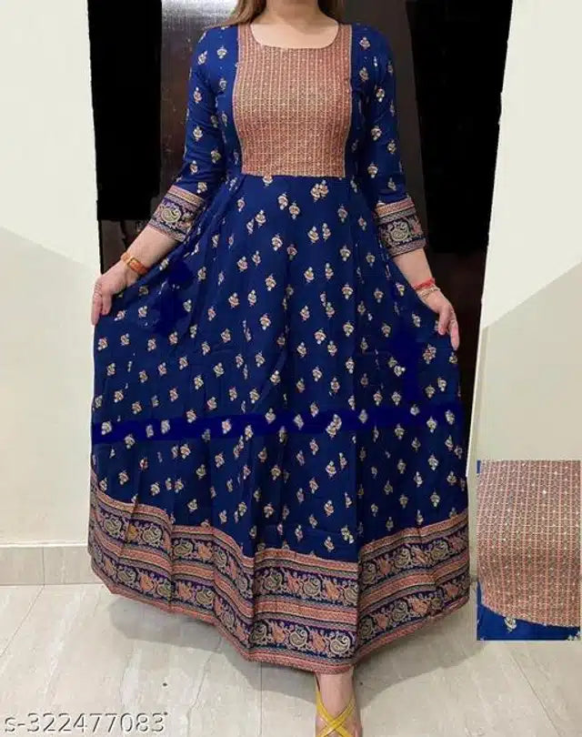 Anarkali Rayon Printed Kurti for Women (Royal Blue & Peach, S)Anarkali Rayon Printed Kurti for Women (Royal Blue & Peach, S) – Elegant Flared Ethnic Dress for Casual, Festive & Party Wear