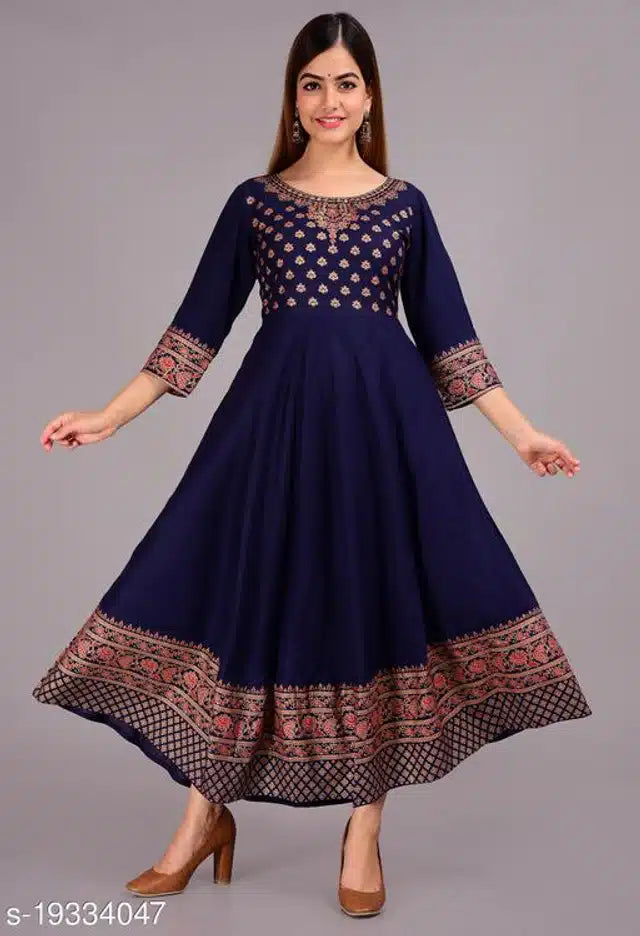 Rayon Printed Anarkali Kurti for Women (Blue, S)Rayon Printed Anarkali Kurti for Women (Blue, S) – Elegant Flared Ethnic Dress for Casual, Festive & Party Wear