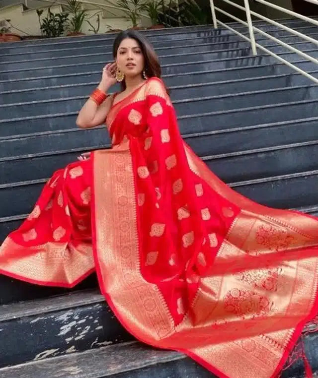 Jacquard Printed Saree for Women (Red, 6.3 m)Red Jacquard Printed Saree with Blouse Piece (6.3 m) Elegant Ethnic Wear for Women