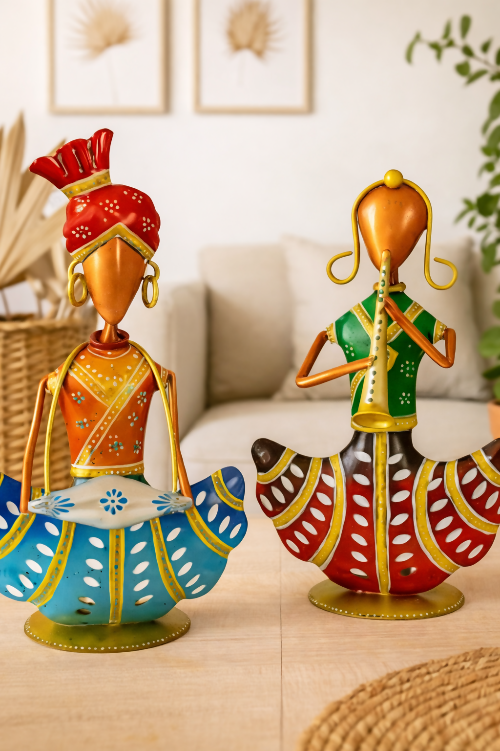 Rajasthani Couple Showpiece Set | Handcrafted Metal Figurine for Table Decor & Home Decoration