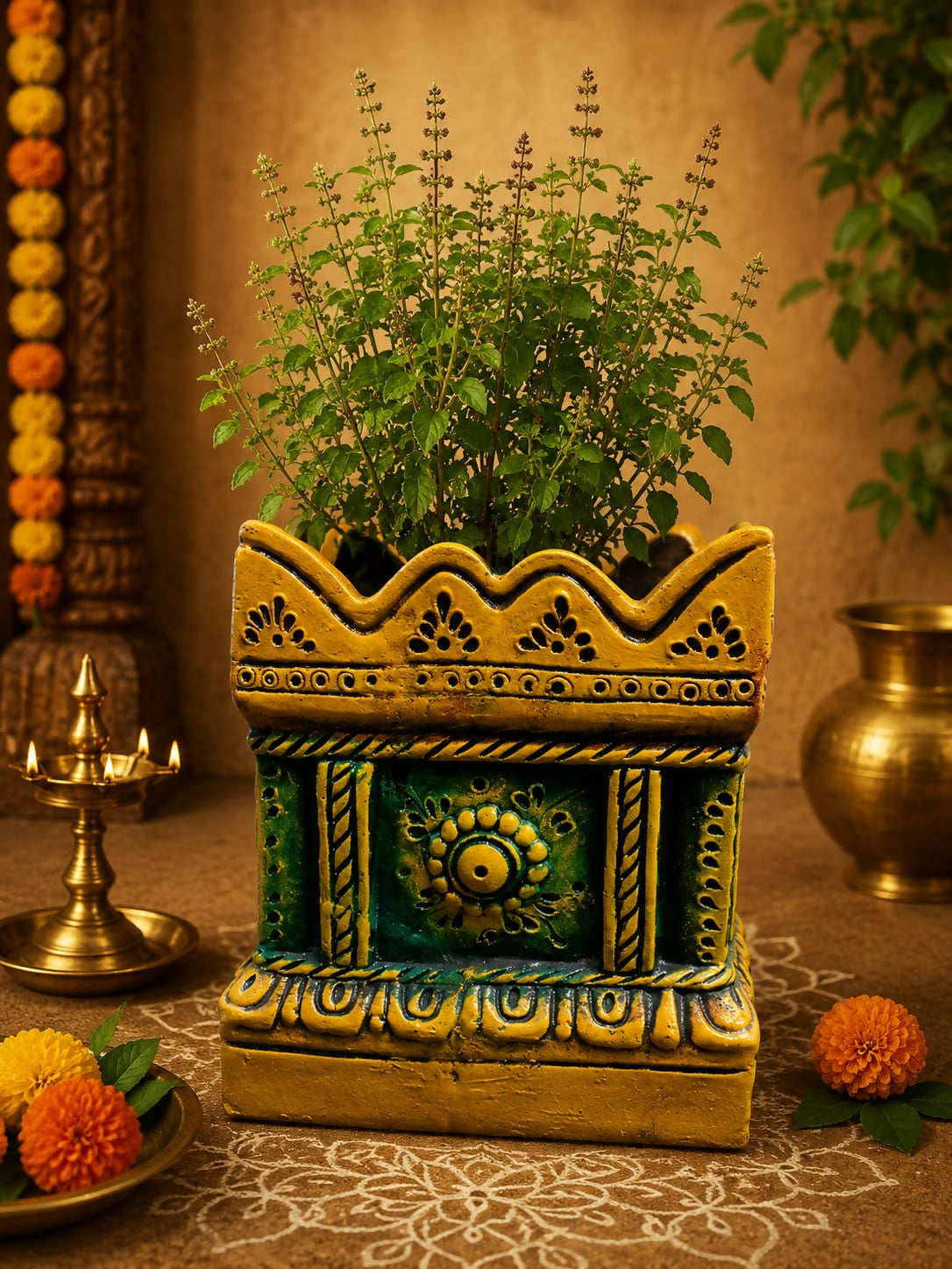Terracotta Gardening Brindavan Tulasi pot With Drainage Hole at Bottom 12 inch(Multi colours)