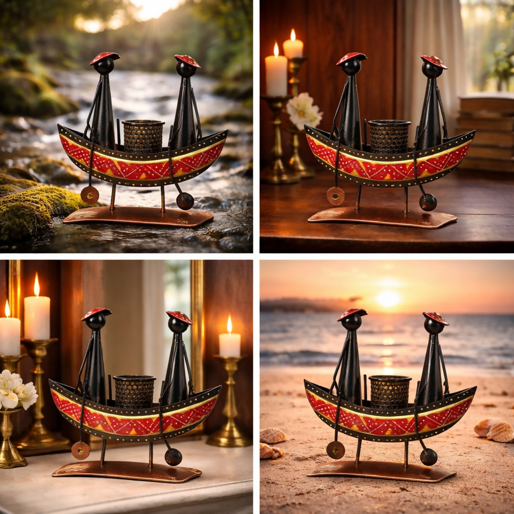 Ethnic Black Boat Couple Pen Stand – Handcrafted Metal Desk Organizer | Artistic Home & Office Decor Gift