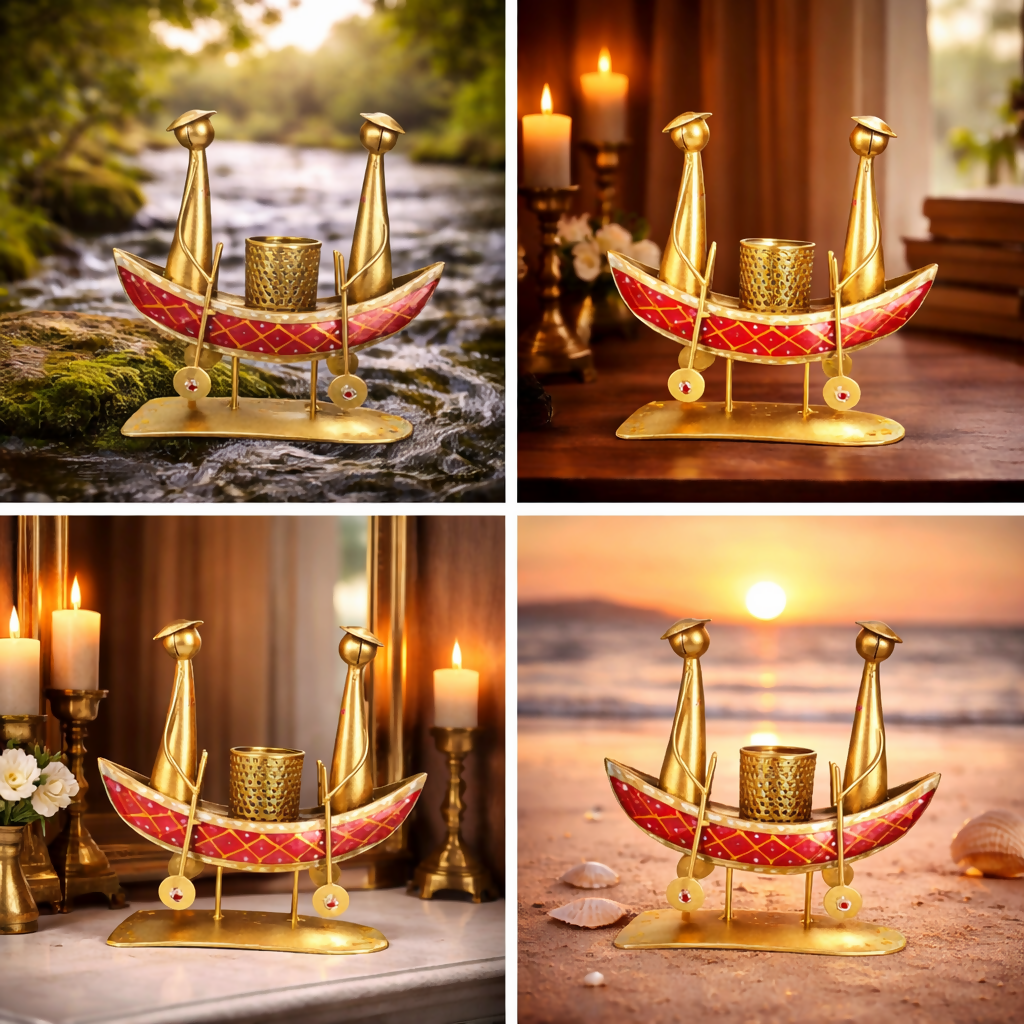 Elegant Golden Boat Design Pen Stand with Couple Figurines – Premium Metal Desk Organizer | Luxury Home & Office Decor Gift