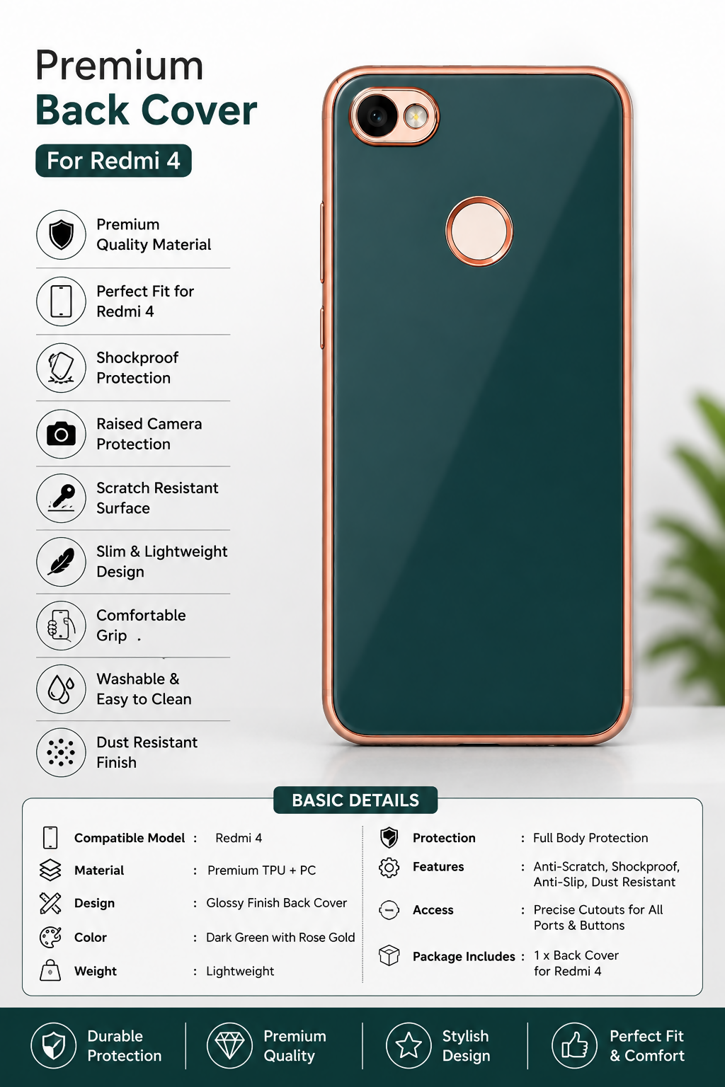 Premium Back Cover for Redmi 4 – Shockproof Protective Mobile Case with Stylish Design, Scratch Resistant Slim Fit Phone Cover for Xiaomi Redmi 4