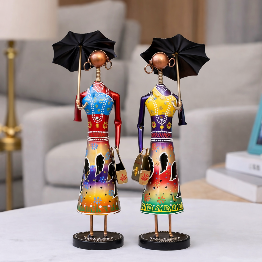 Handcrafted African Lady Figurines with Umbrella – Colorful Metal Art Decor (Set of 2)